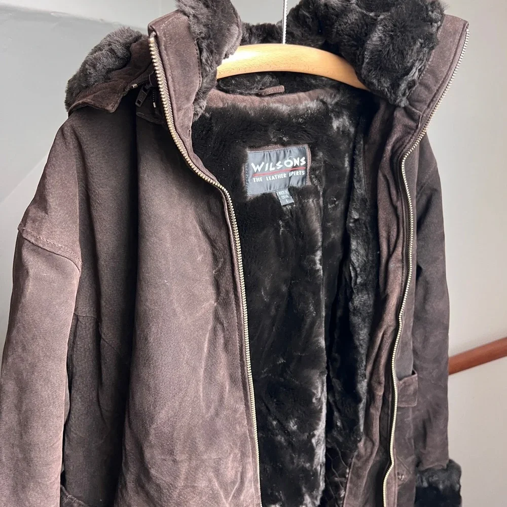 Vintage Wilsons Leather Brown Suede‎ Jacket Removable Hooded Penny Lane Coat